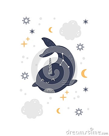 Celestial narwhal poster, magic ocean animal with horn and mystical symbols Vector Illustration